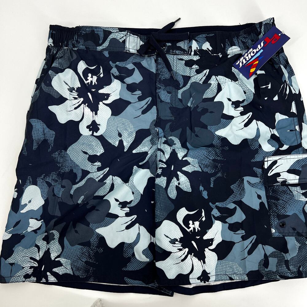 P T Sports Wear Blue Tropical Flower Camo Swim Trunks Shorts Size L NWT